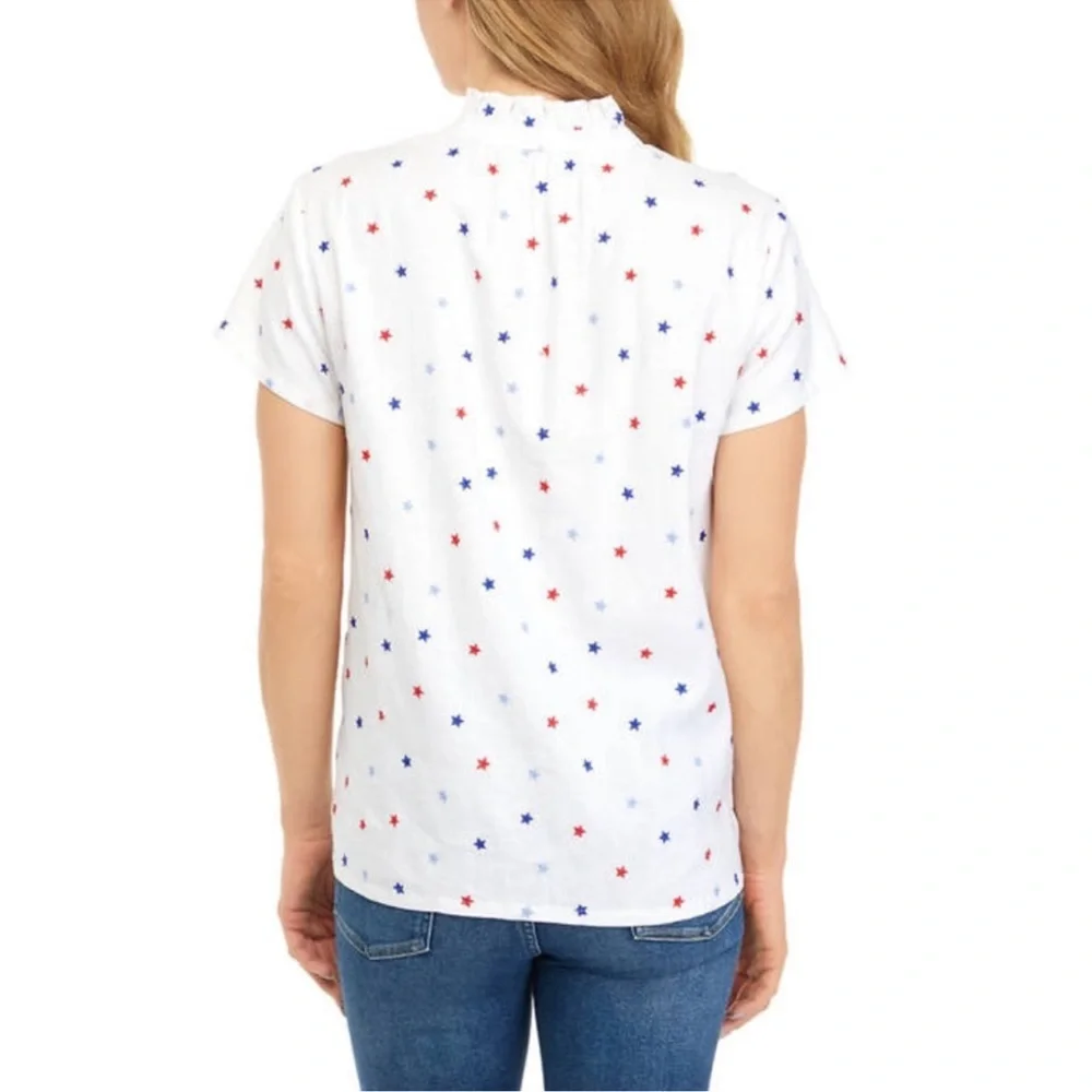 Crown & Ivy Embroidered Star Blouse Patriotic Red White Blue Linen Blend Top S - Picture 2 of 13